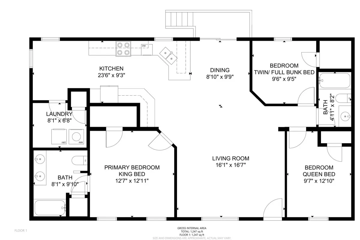 An open-plan view revealing the kitchen, dining area, living room, and glimpses of bedroom spaces. The layout is spacious and family-friendly, designed for shared meals, entertainment, and relaxation. The decor is warm and inviting, encouraging both social interaction and rest.