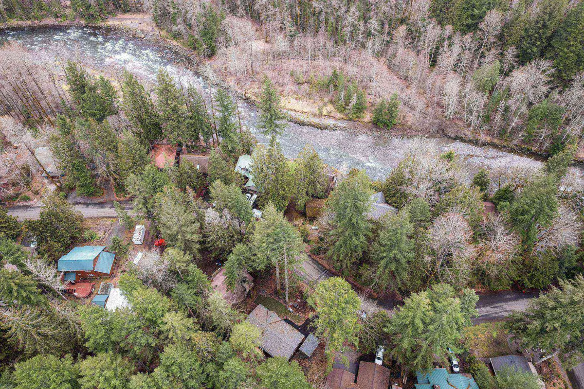 The image captures the tranquil Sandy River winding through dense, autumn-colored trees, with a glimpse of cozy, modern houses tucked alongside a quiet road. The sunset casts a golden glow over the water, enhancing the peaceful, natural setting. The scene invites thoughts of wildlife sightings and outdoor activities like hiking or fishing, all in a serene, secluded atmosphere.